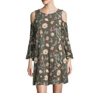 Luxology Dress Floral Embroidered Cold Shoulder Flare Sleeve Green Chic Size 8